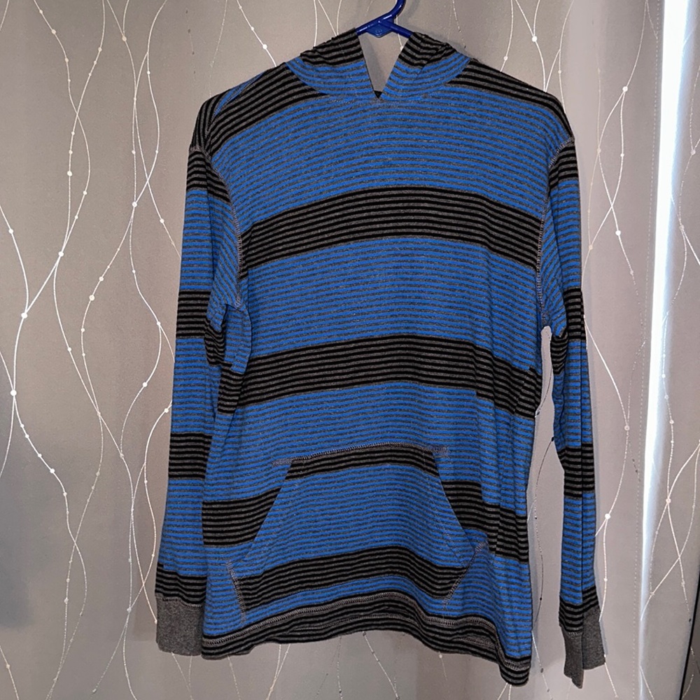 👙Point Zero Kids Black, Blue, and Gray Striped Hooded XL Long Sleeve Shirt